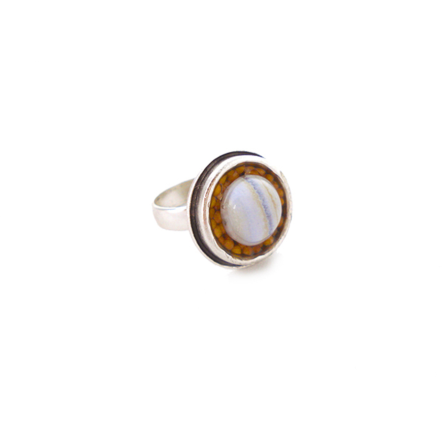 “Wonder” Silver Circle Genuine Blue Lace Agate Mustard Seed Ring